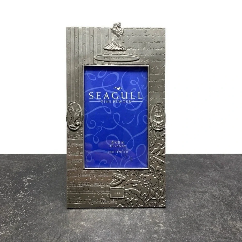 New Seagull Fine Pewter 4x6 Photo Frame Marriage Wedding Cake Champagne Glasses